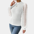 Martha™ Women’s Knit Blouse – Sheer Puff Sleeves High Neck | Dripiume