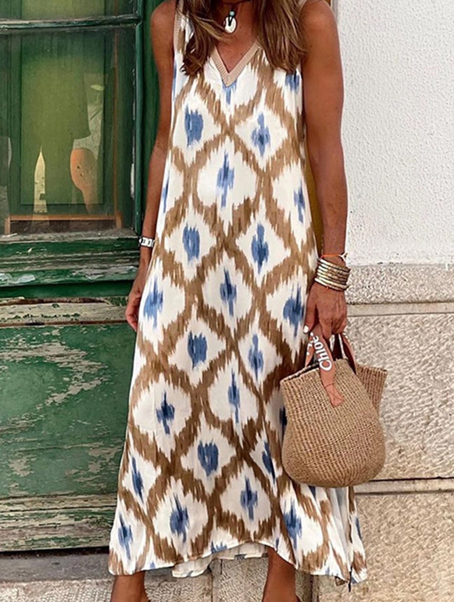 Lightweight Long Dress with Printed V-Neck and Slit - Cardigan-Style