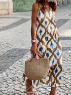 Lightweight Long Dress with Printed V-Neck and Slit - Cardigan-Style