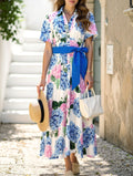 Flowy Boho Print A-Line Long Dress with Short Sleeves and Belt - Perfect for Summer