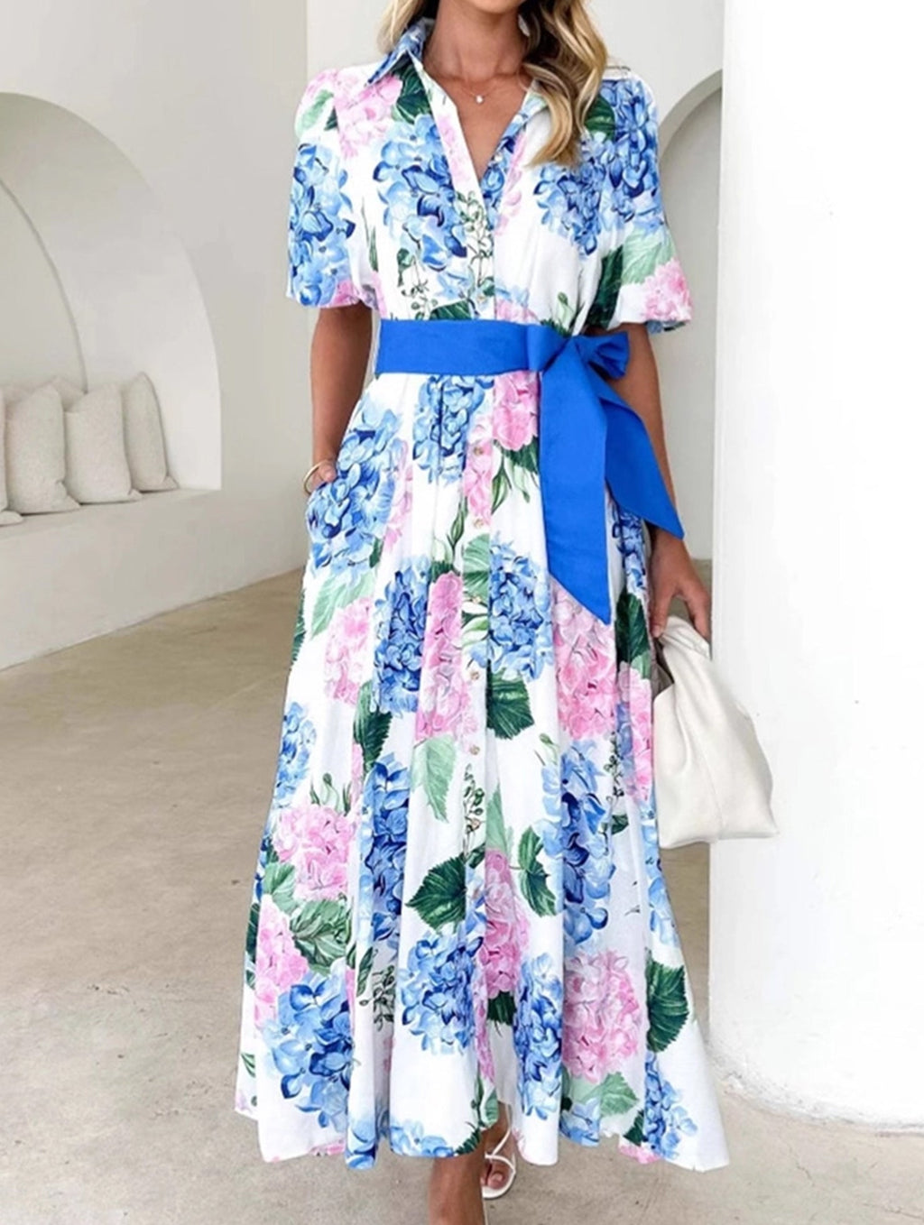 Flowy Boho Print A-Line Long Dress with Short Sleeves and Belt - Perfect for Summer