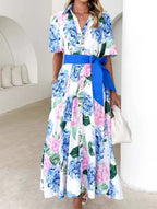 Flowy Boho Print A-Line Long Dress with Short Sleeves and Belt - Perfect for Summer