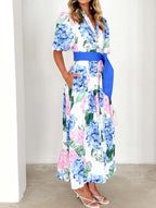 Flowy Boho Print A-Line Long Dress with Short Sleeves and Belt - Perfect for Summer