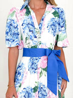 Flowy Boho Print A-Line Long Dress with Short Sleeves and Belt - Perfect for Summer