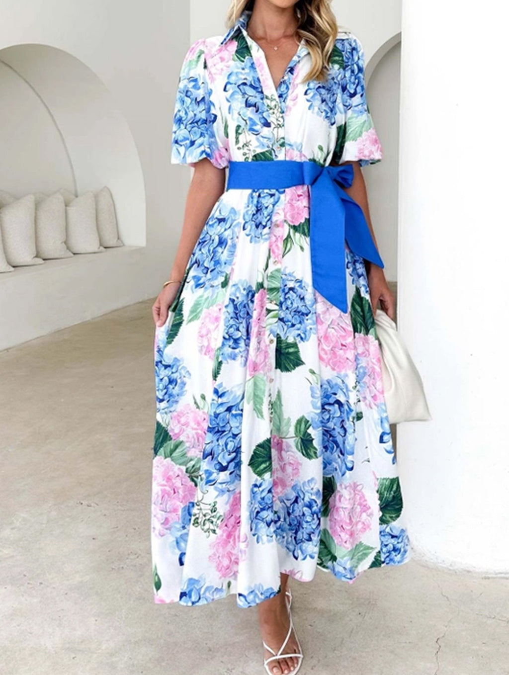 Flowy Boho Print A-Line Long Dress with Short Sleeves and Belt - Perfect for Summer