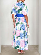Flowy Boho Print A-Line Long Dress with Short Sleeves and Belt - Perfect for Summer