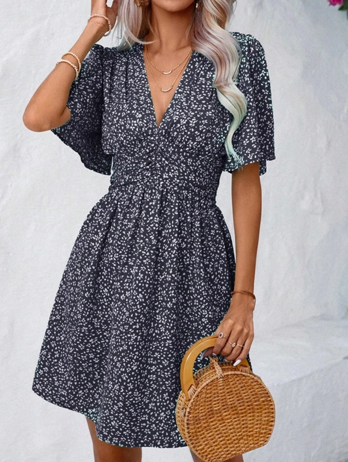 Lightweight Polyester V-Neck Floral Pleated Mini Dress - High-Waisted
