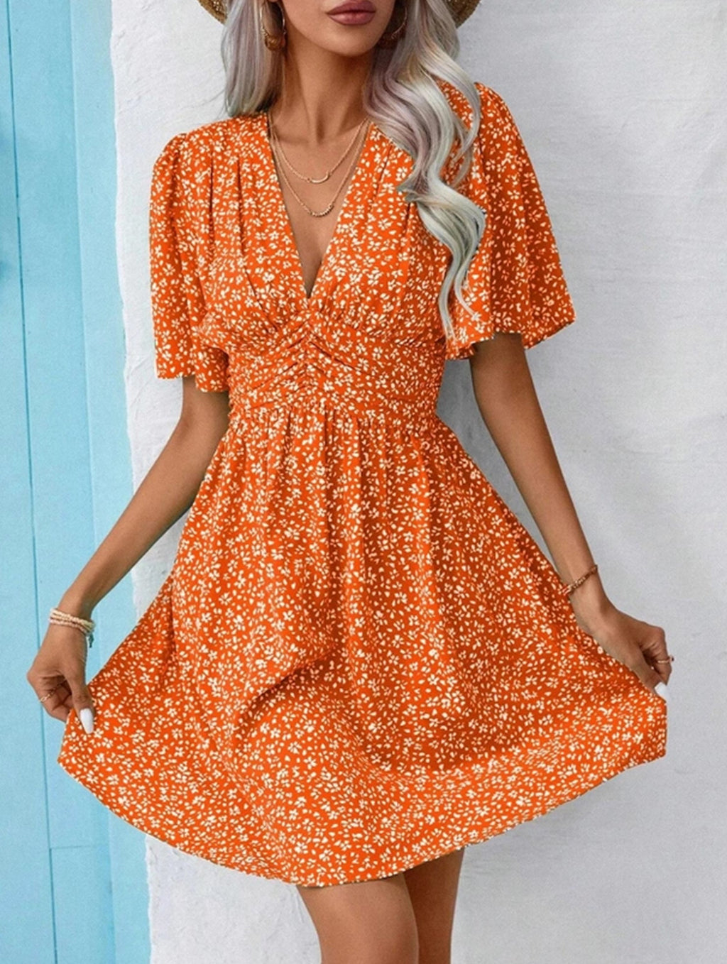 Lightweight Polyester V-Neck Floral Pleated Mini Dress - High-Waisted