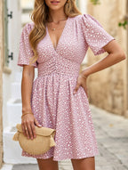 Lightweight Polyester V-Neck Floral Pleated Mini Dress - High-Waisted