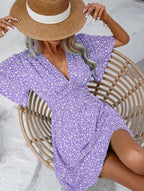 Lightweight Polyester V-Neck Floral Pleated Mini Dress - High-Waisted