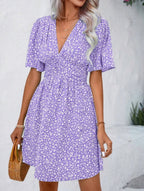 Lightweight Polyester V-Neck Floral Pleated Mini Dress - High-Waisted