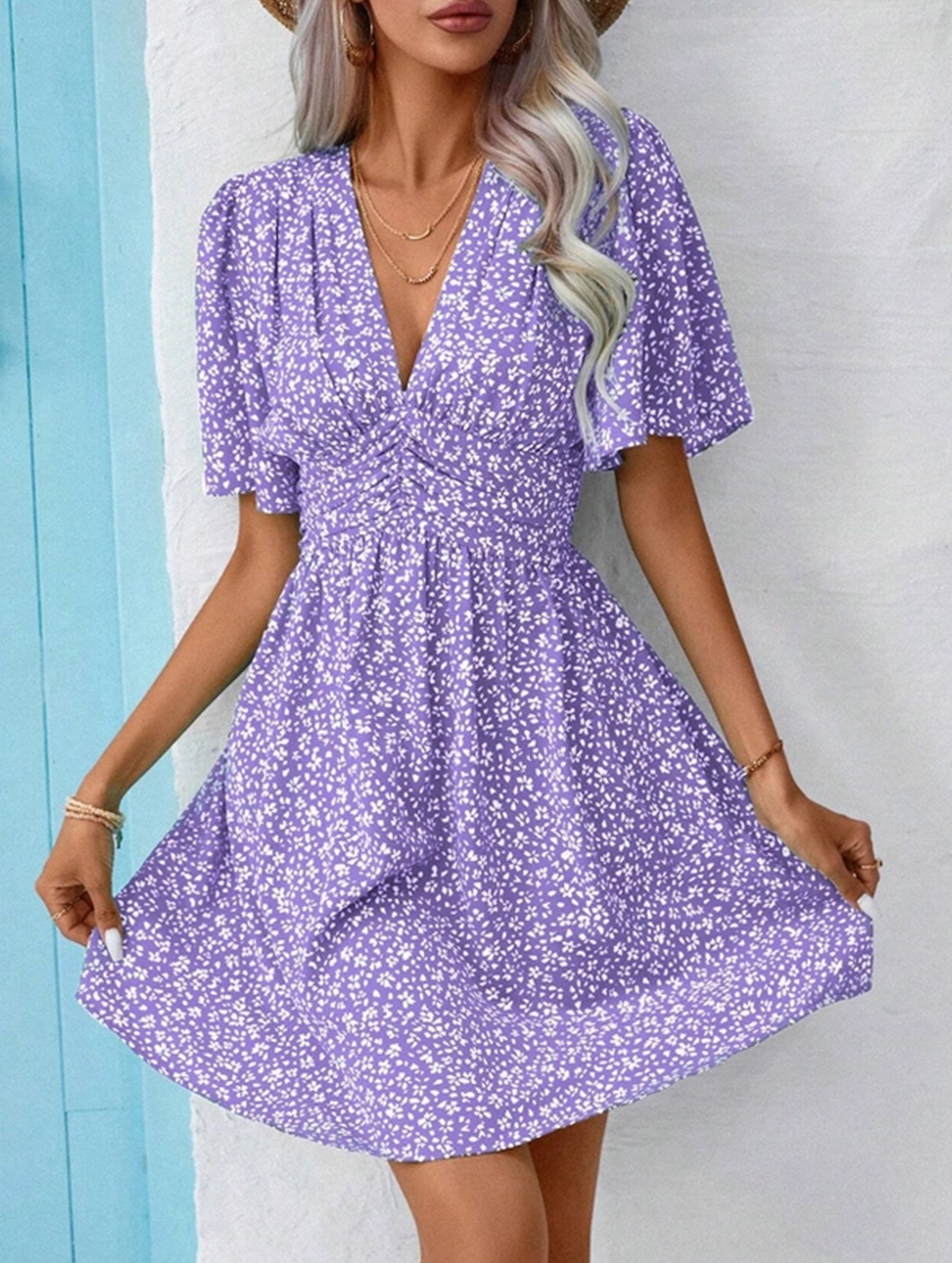 Lightweight Polyester V-Neck Floral Pleated Mini Dress - High-Waisted