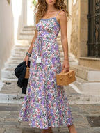 Floral Print Layered Long Dress with Drawstring Waist - Perfect for Summer Casual Wear