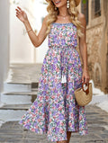 Floral Print Layered Long Dress with Drawstring Waist - Perfect for Summer Casual Wear