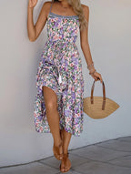 Floral Print Layered Long Dress with Drawstring Waist - Perfect for Summer Casual Wear