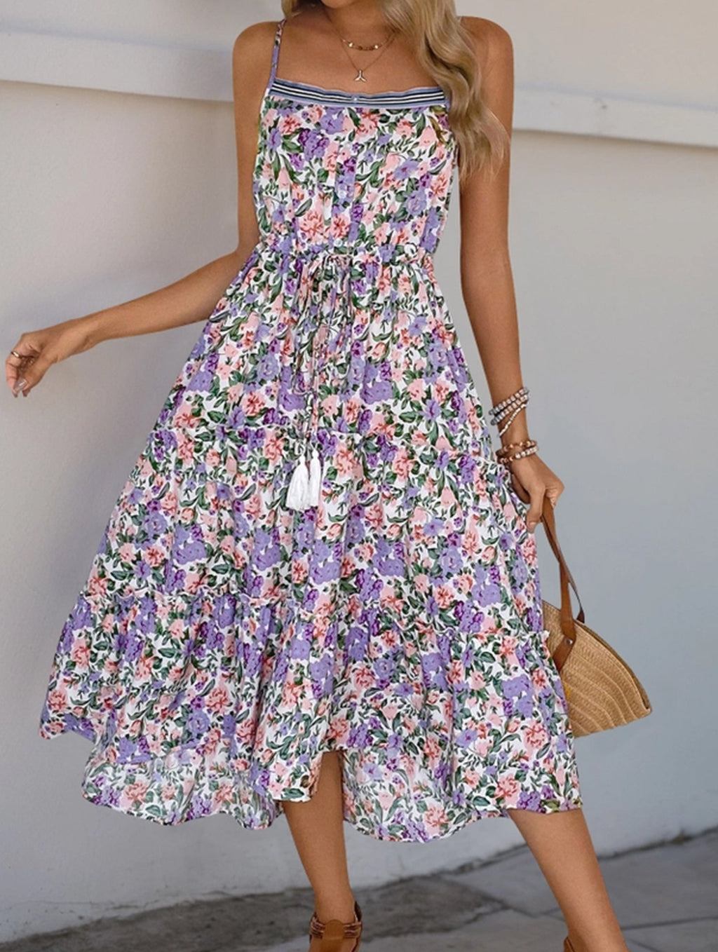 Floral Print Layered Long Dress with Drawstring Waist - Perfect for Summer Casual Wear