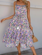 Floral Print Layered Long Dress with Drawstring Waist - Perfect for Summer Casual Wear