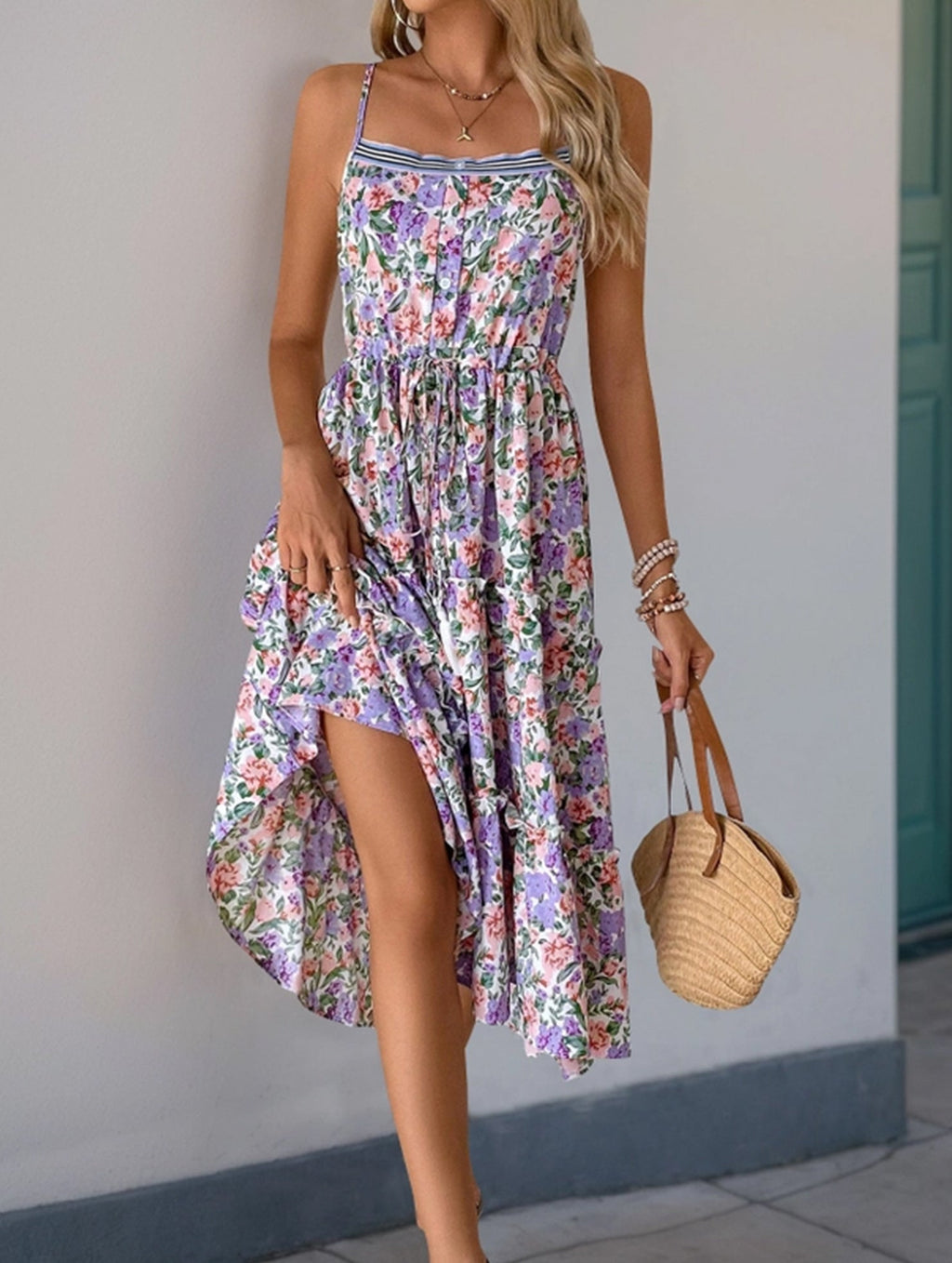Floral Print Layered Long Dress with Drawstring Waist - Perfect for Summer Casual Wear