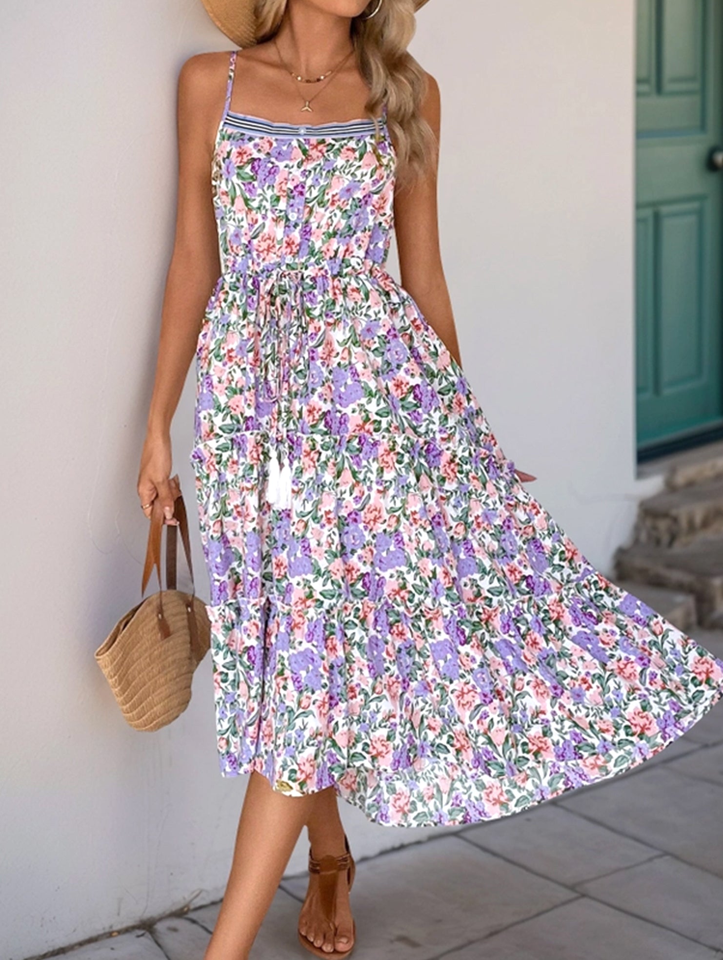 Floral Print Layered Long Dress with Drawstring Waist - Perfect for Summer Casual Wear