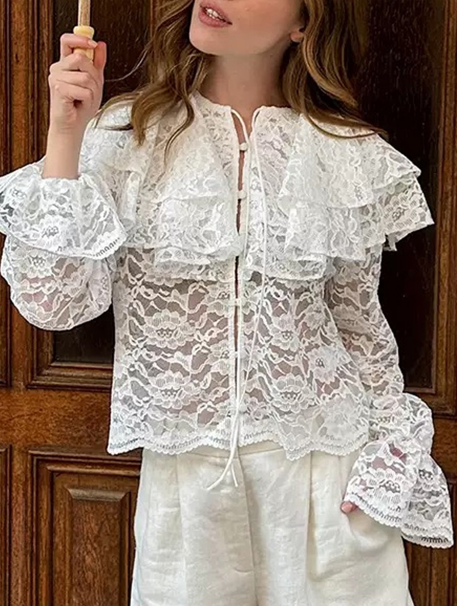 Women’s Sheer Lace Ruffle Collar Blouse | Dripiume