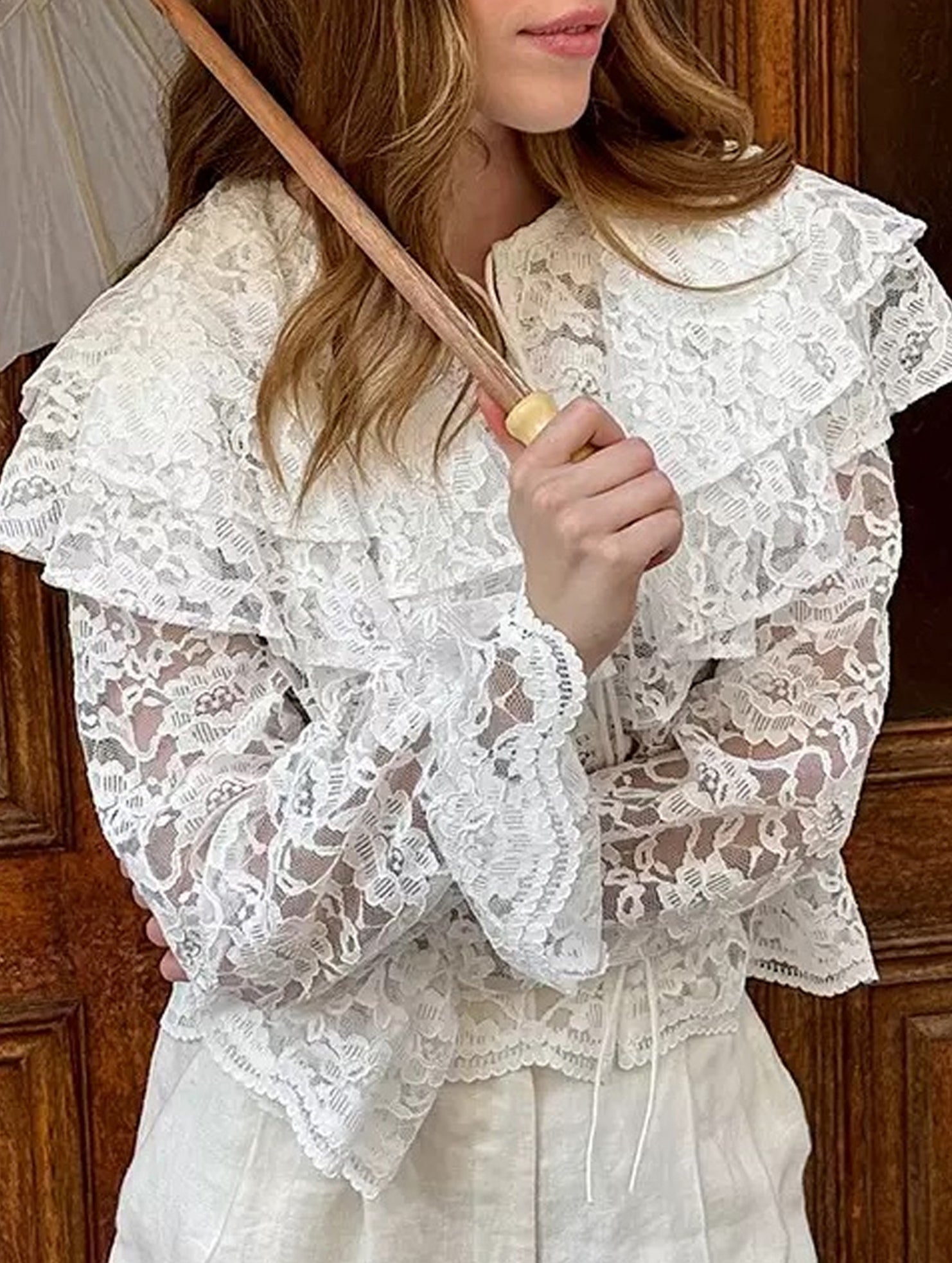 Women’s Sheer Lace Ruffle Collar Blouse | Dripiume