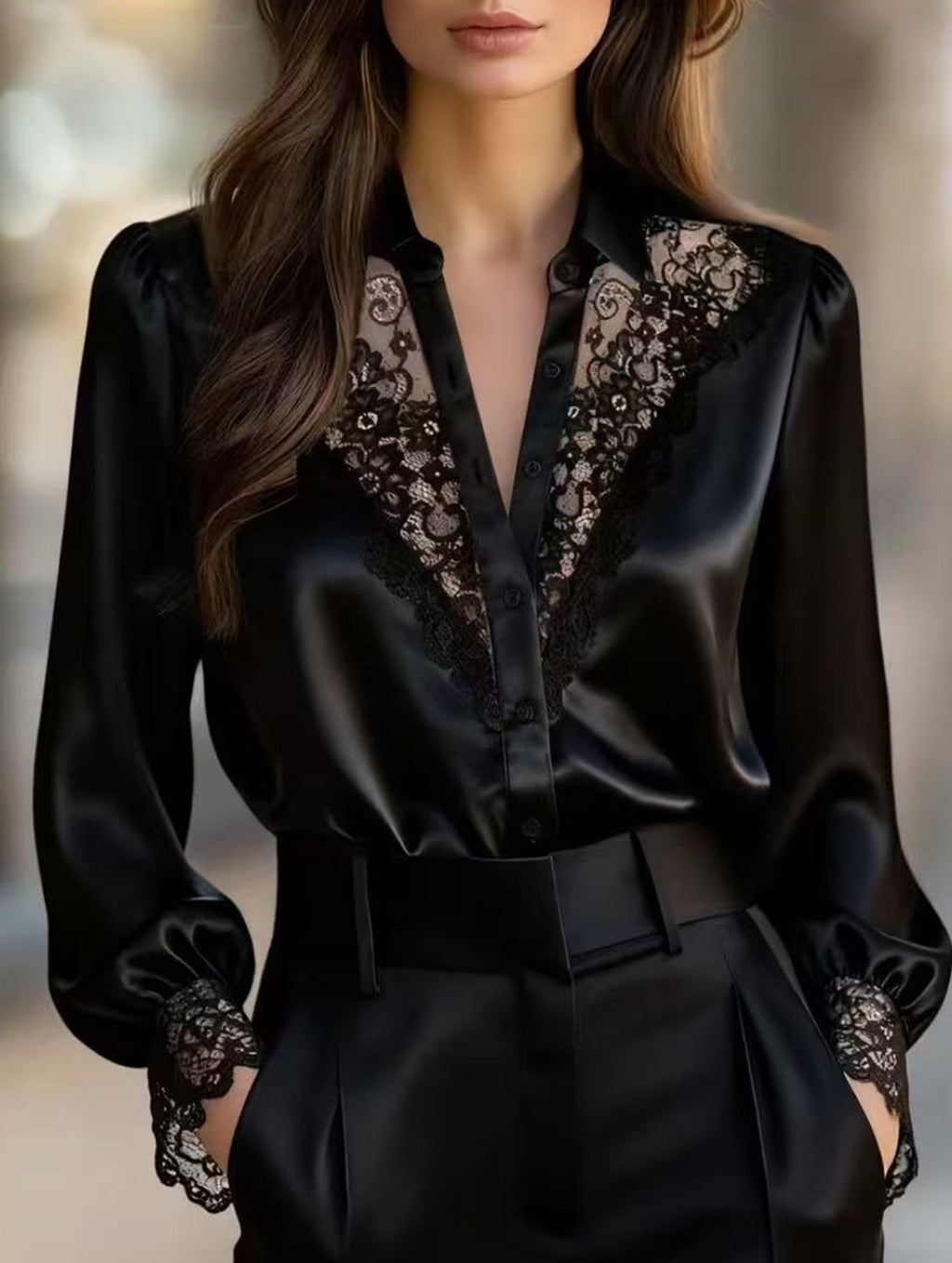 Women’s Lace V-Neck Puff Sleeve Blouse | Dripiume