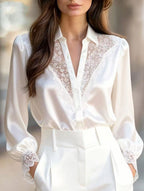 Women’s Lace V-Neck Puff Sleeve Blouse | Dripiume