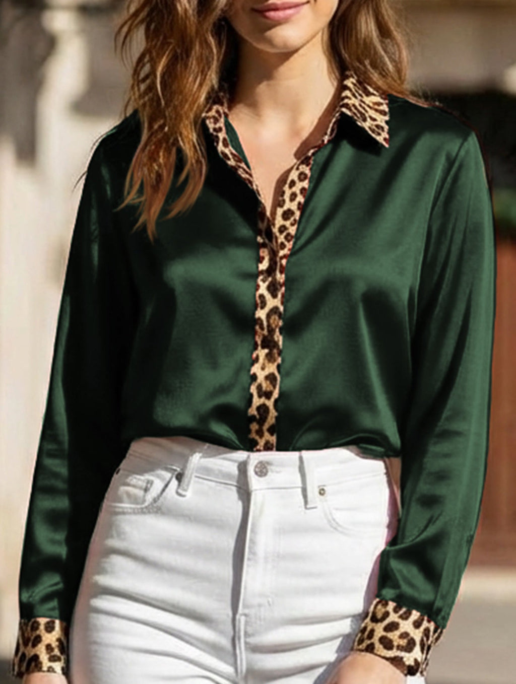 Women’s Leopard Print Satin Blouse with Contrast Trim | Dripiume