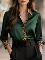 Women’s Leopard Print Satin Blouse with Contrast Trim | Dripiume