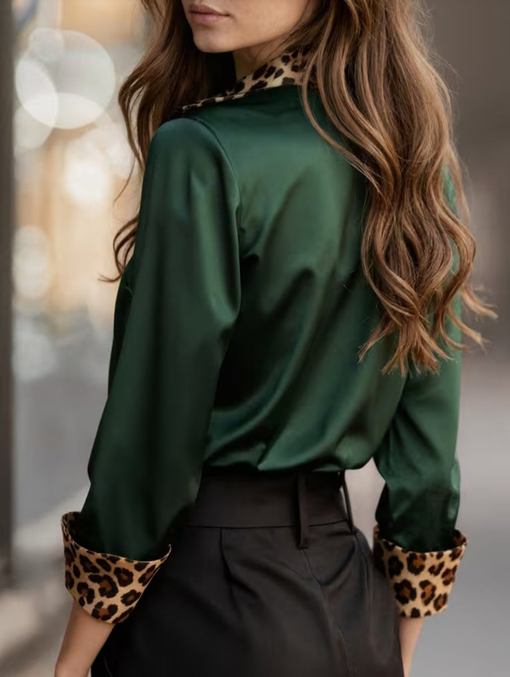Women’s Leopard Print Satin Blouse with Contrast Trim | Dripiume