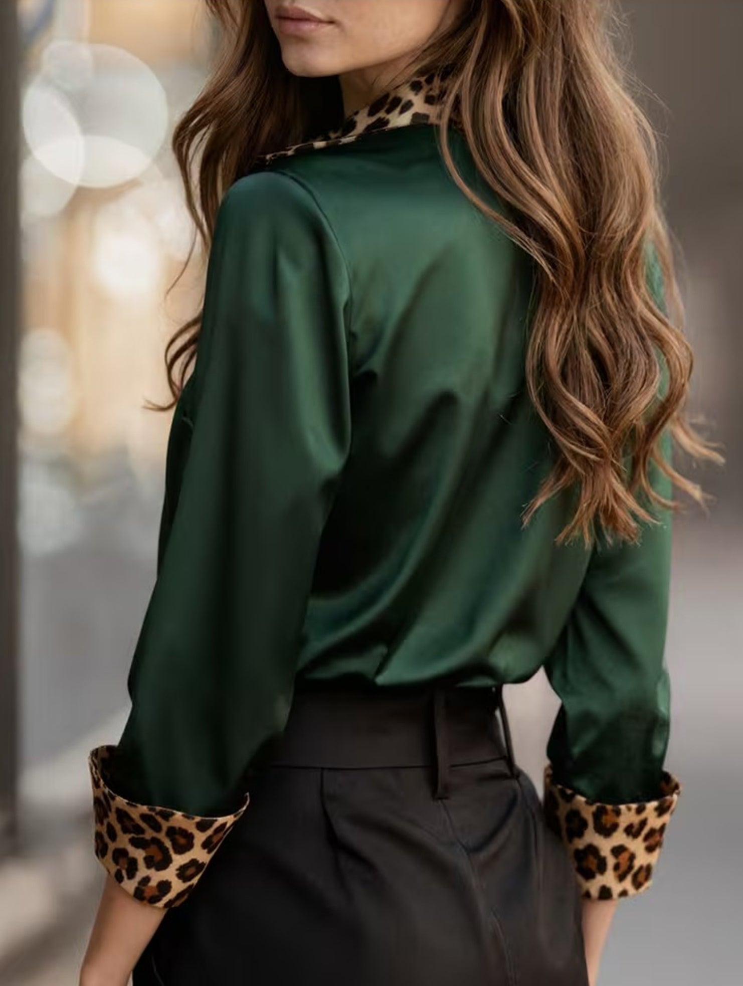 Women’s Leopard Print Satin Blouse with Contrast Trim | Dripiume