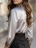 Women’s Leopard Print Satin Blouse with Contrast Trim | Dripiume