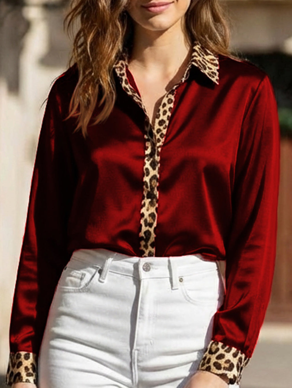 Women’s Leopard Print Satin Blouse with Contrast Trim | Dripiume