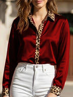 Women’s Leopard Print Satin Blouse with Contrast Trim | Dripiume