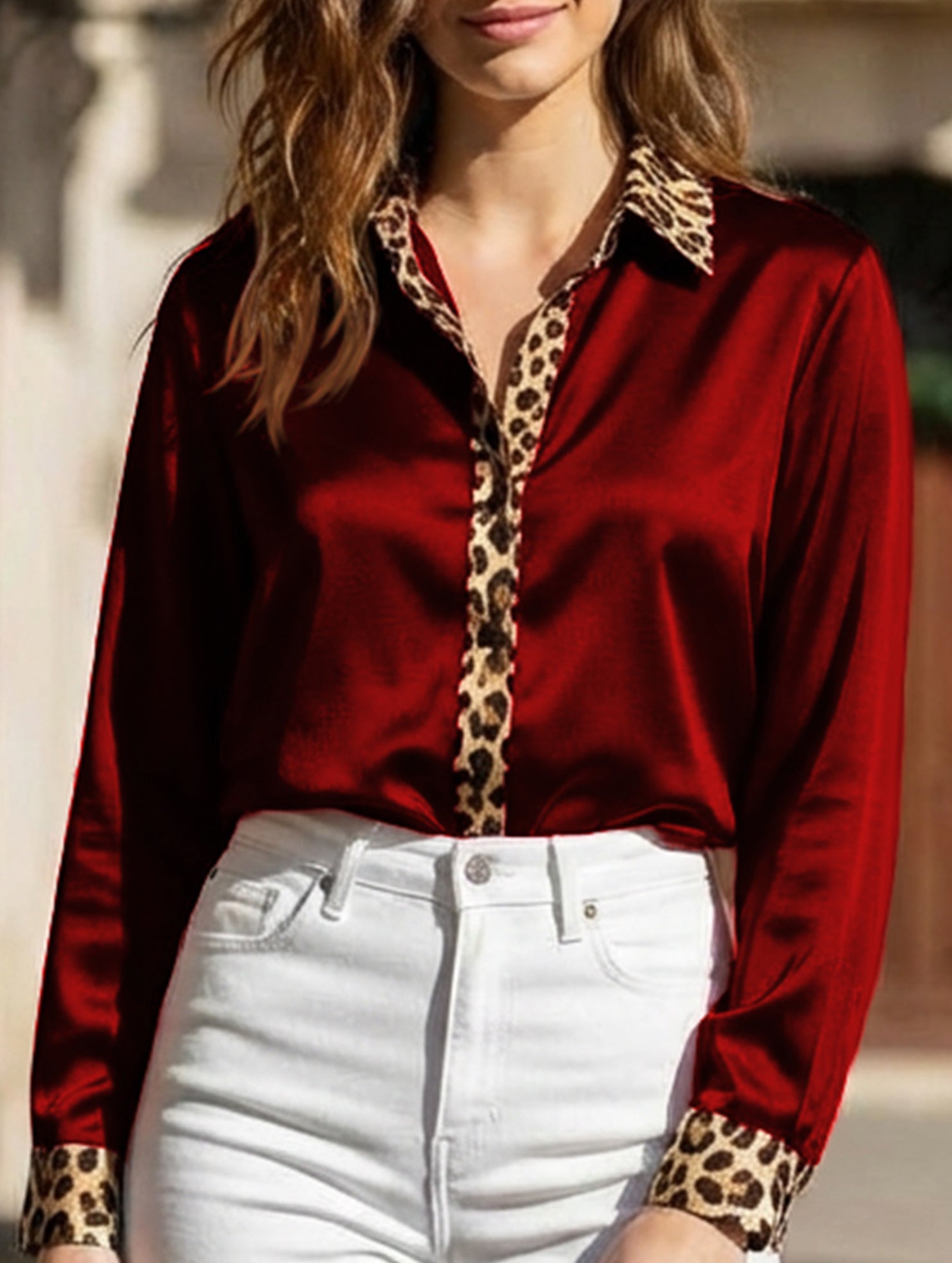 Women’s Leopard Print Satin Blouse with Contrast Trim | Dripiume