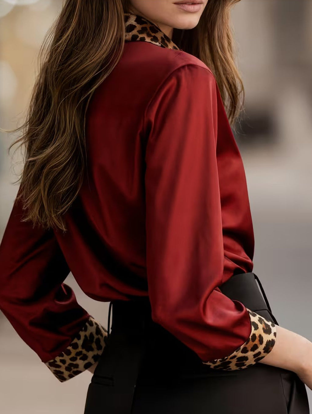 Women’s Leopard Print Satin Blouse with Contrast Trim | Dripiume
