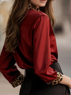 Women’s Leopard Print Satin Blouse with Contrast Trim | Dripiume
