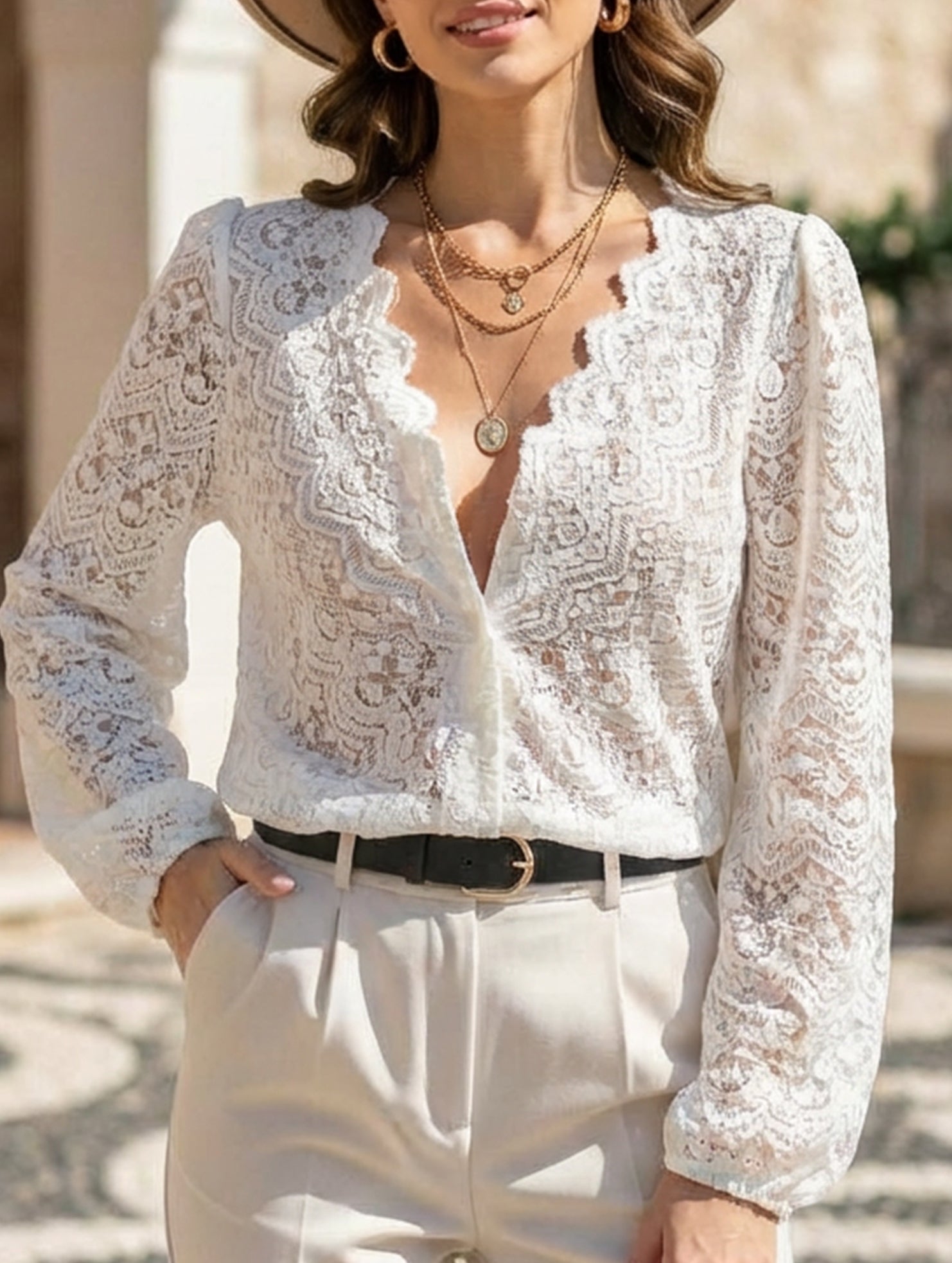 Women’s V-Neck Lace Blouse – Loose Fit | Dripiume