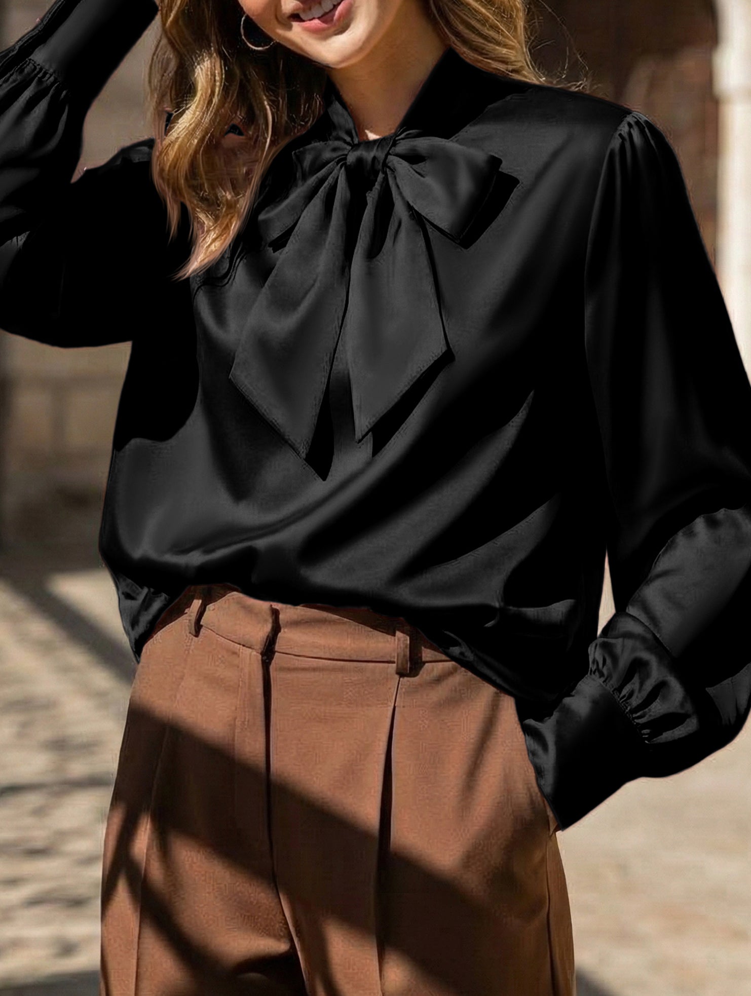 Women’s Satin Long Sleeve Blouse with Bow Tie Detail | Dripiume