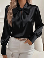 Women’s Satin Long Sleeve Blouse with Bow Tie Detail | Dripiume