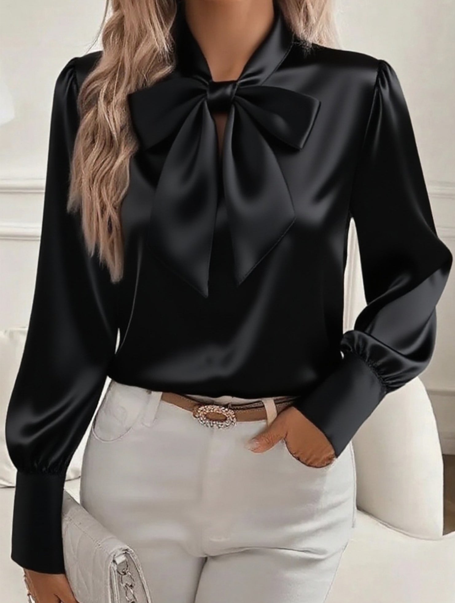 Women’s Satin Long Sleeve Blouse with Bow Tie Detail | Dripiume