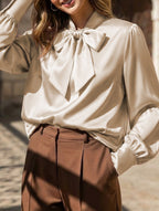 Women’s Satin Long Sleeve Blouse with Bow Tie Detail | Dripiume