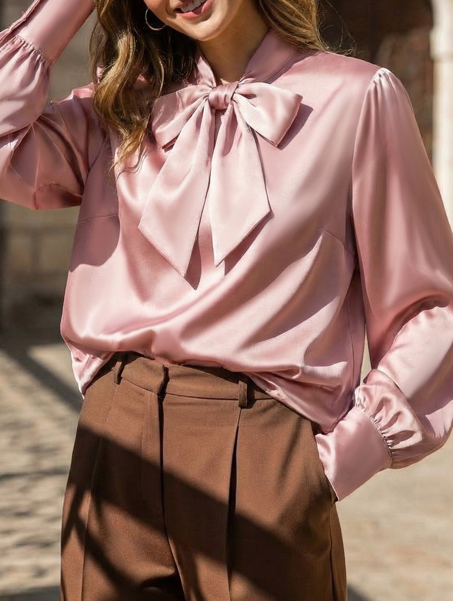 Women’s Satin Long Sleeve Blouse with Bow Tie Detail | Dripiume
