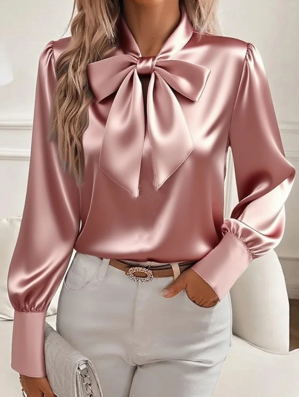 Women’s Satin Long Sleeve Blouse with Bow Tie Detail | Dripiume