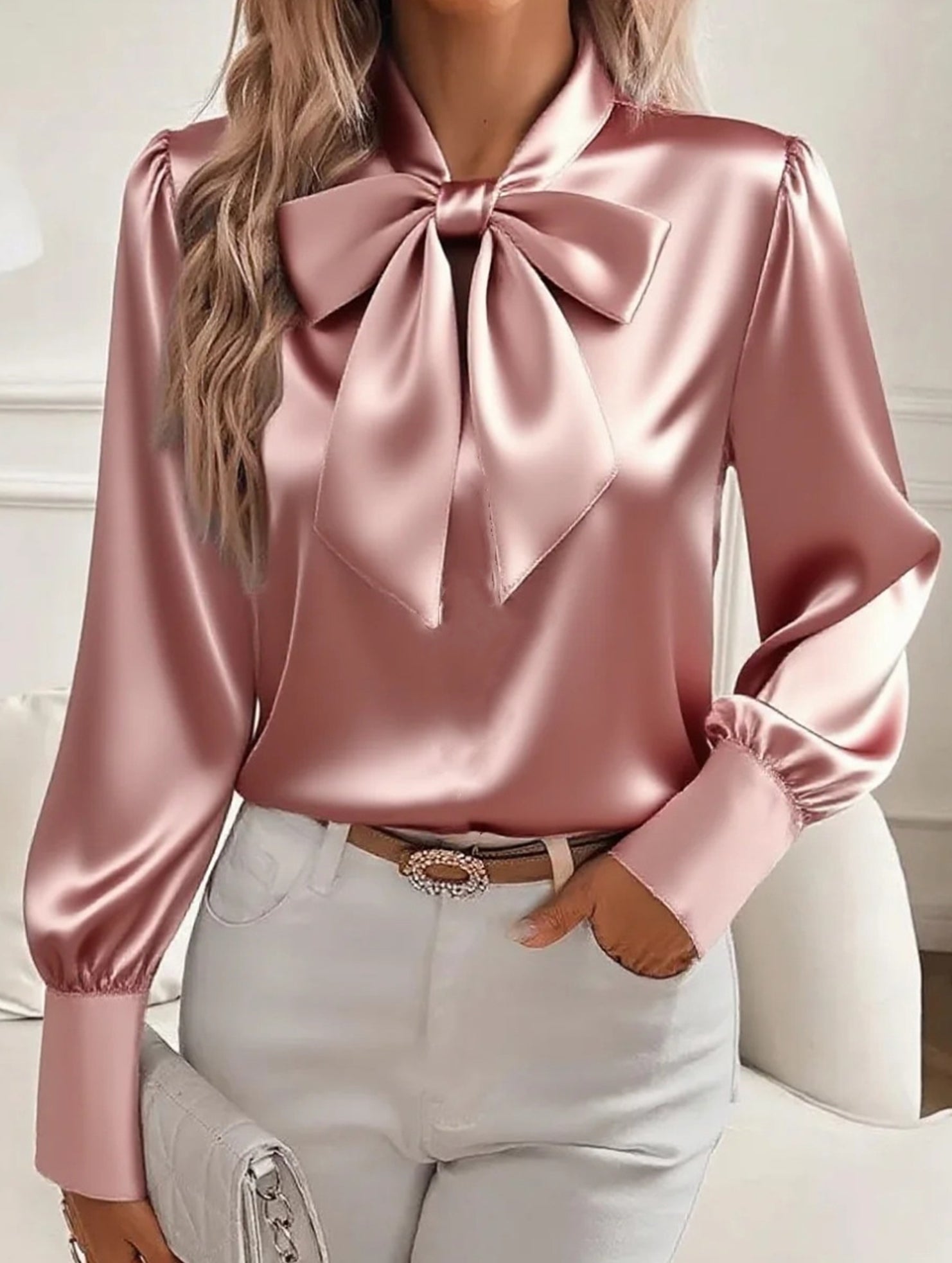 Women’s Satin Long Sleeve Blouse with Bow Tie Detail | Dripiume