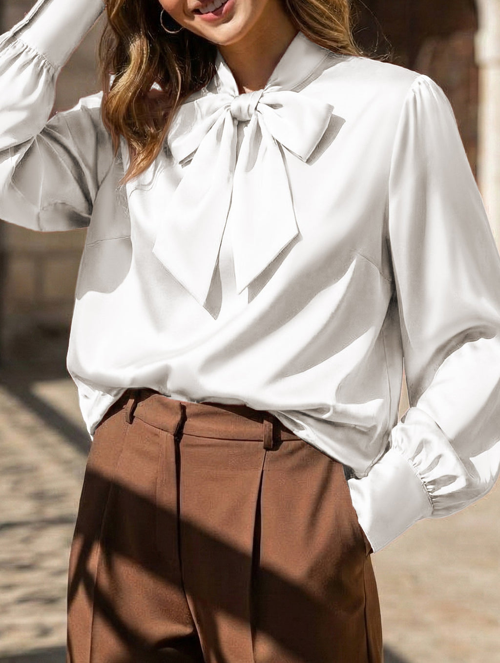 Women’s Satin Long Sleeve Blouse with Bow Tie Detail | Dripiume