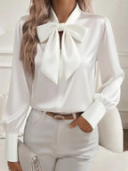 Women’s Satin Long Sleeve Blouse with Bow Tie Detail | Dripiume