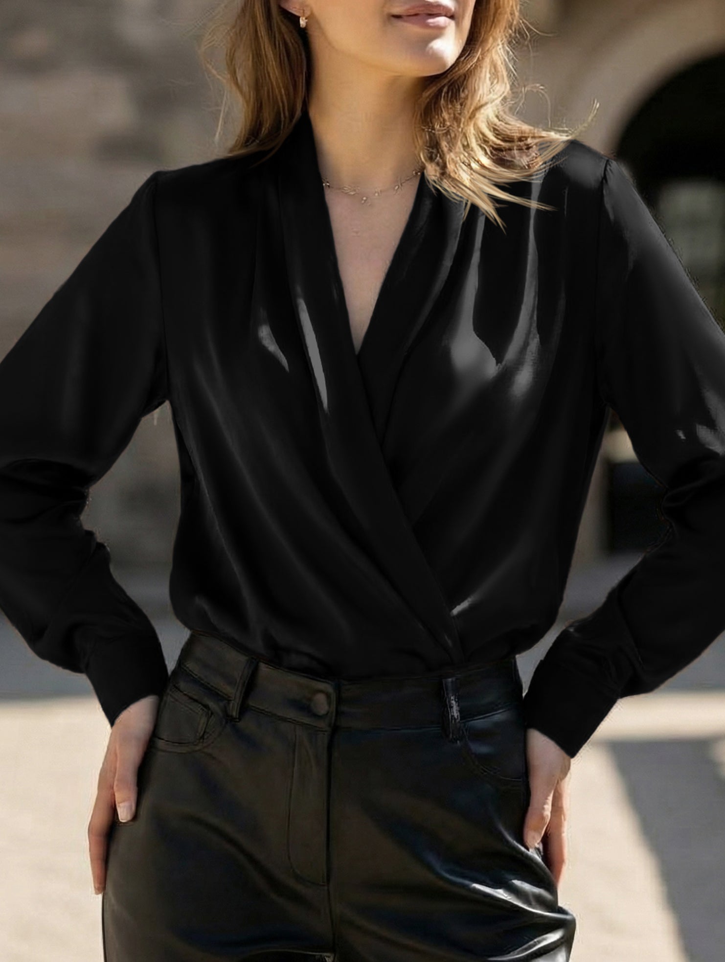 Women’s Satin V-Neck Blouse – Office Style | Dripiume
