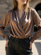 Women’s Satin V-Neck Blouse – Office Style | Dripiume