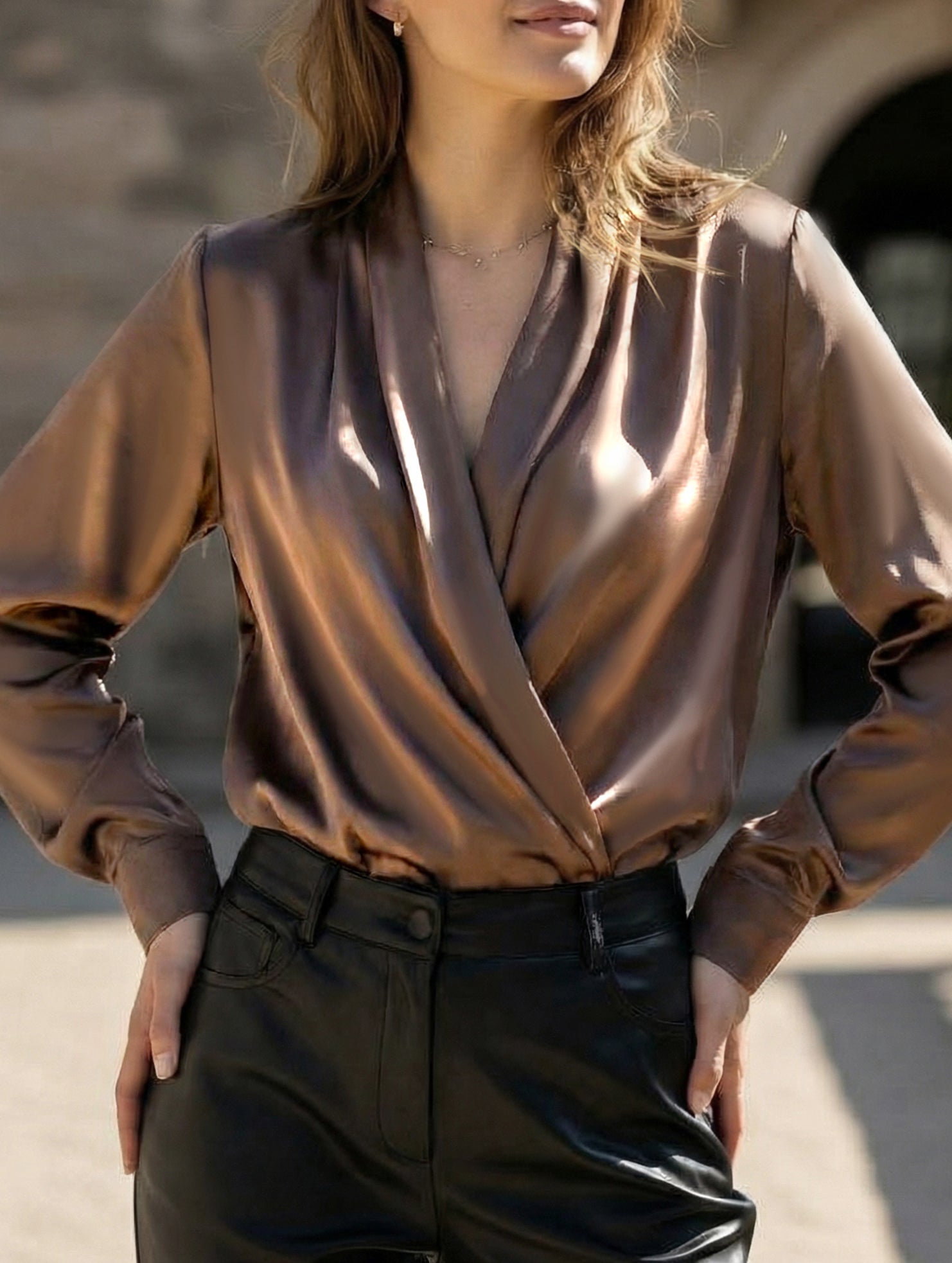 Women’s Satin V-Neck Blouse – Office Style | Dripiume